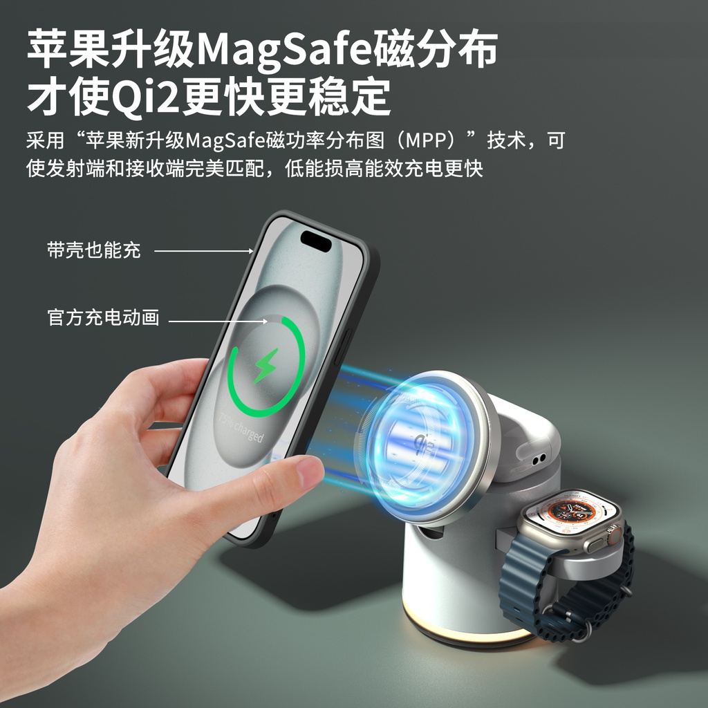 Aresh MagSafe磁吸Qi2三合一无线充电器适用苹果16pro桌面支架折叠iPhone手机applewatch底座iwatch快充airpods耳机